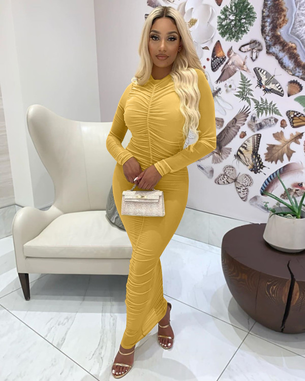 Sexy Mesh Solid Long Sleeve Ruched Maxi Dress BGN-117