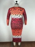 Plus Size 5XL Leopard Print Full Sleeve Midi Dress OSM-3307