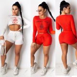 Letter Print Long Sleeve Two Piece Shorts Set CHY-1268
