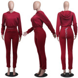 Solid Hoodies Lace Up Sweatpants Two Piece Sets YS-8711