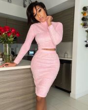 Solid Plush Long Sleeve Crop Top Mini Skirt 2 Piece Sets TR-1081