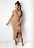 Sexy Long Sleeve Lace Up Slim Maxi Dress CHY-1266
