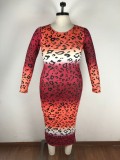 Plus Size 5XL Leopard Print Full Sleeve Midi Dress OSM-3307