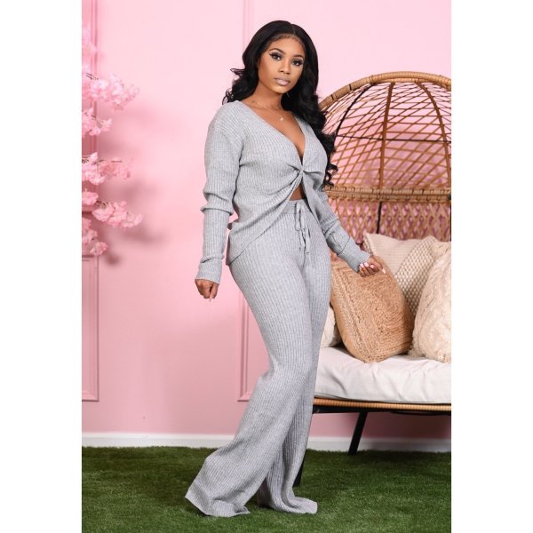 Solid V Neck Long Sleeve Two Piece Pants Set CHY-1265