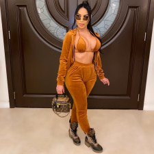 Solid Velvet Hooded Coat And Pants Two Piece Sets CHY-1276