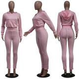 Solid Hoodies Lace Up Sweatpants Two Piece Sets YS-8711