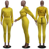 Solid Hoodies Lace Up Sweatpants Two Piece Sets YS-8711