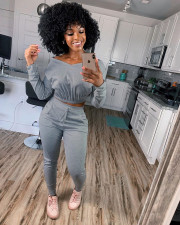 Casual V Neck Long Sleeve Two Piece Pants Set LM-8199