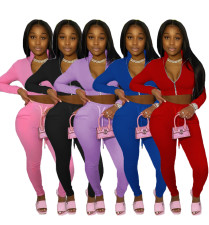 Solid Long Sleeve Zipper Two Piece Pants Set YIM-150