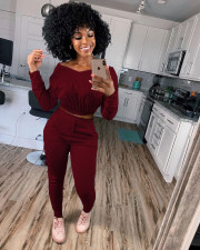 Casual V Neck Long Sleeve Two Piece Pants Set LM-8199