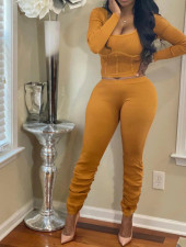Solid Long Sleeve Stacked Pants Two Piece Sets FNN-8542