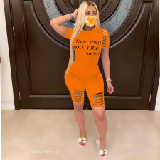 Plus Size Letter Print Ripped Hole Short Sleeve Shorts Two Piece Set SXF-2636