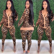 Leopard Print Long Sleeve Two Piece Pants Set MEM-8307