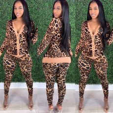 Leopard Print Long Sleeve Two Piece Pants Set MEM-8307