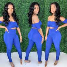 Plus Size Ruched Sexy One Word Collar Short Top And Pants Two Piece Set SXF-0415