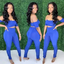 Plus Size Ruched Sexy One Word Collar Short Top And Pants Two Piece Set SXF-0415