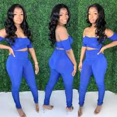 Plus Size Ruched Sexy One Word Collar Short Top And Pants Two Piece Set SXF-0415