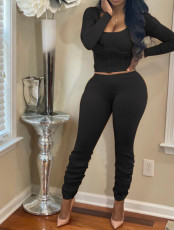 Solid Long Sleeve Stacked Pants Two Piece Sets FNN-8542