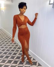 Sexy V Neck Crop Top Split Skirt Two Piece Sets SXF-2971