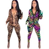 Leopard Print Long Sleeve Two Piece Pants Set MEM-8307