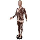 Leopard Print Long Sleeve Two Piece Pants Set MEM-8307