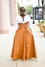 Plus Size PU Leather High Waist Big Swing Belted Maxi Skirt OD-8339
