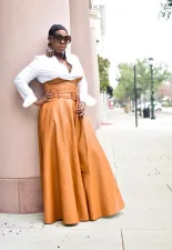 Plus Size PU Leather High Waist Big Swing Belted Maxi Skirt OD-8339