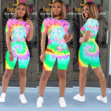 Tie dye Cartoon Print T-shirt Shorts Casual Two Piece Set SXF-0523