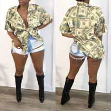 Dollar Print Short Sleeve Blouse Tops SXF-2637