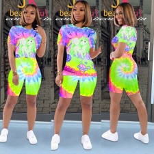 Tie dye Cartoon Print T-shirt Shorts Casual Two Piece Set SXF-0523