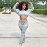 Slim Fit Drawstring Top And Stacked Pants Two Piece Sets XYF-9060
