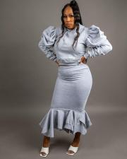 Solid Puff Sleeve Ruffled Irregular Skirt Two Piece Sets SFY-183