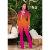 Gradient Zipper Long Sleeve Two Piece Pants Set XMY-9267