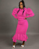 Solid Puff Sleeve Ruffled Irregular Skirt Two Piece Sets SFY-183
