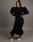 Solid Puff Sleeve Ruffled Irregular Skirt Two Piece Sets SFY-183