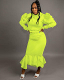 Solid Puff Sleeve Ruffled Irregular Skirt Two Piece Sets SFY-183