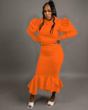 Solid Puff Sleeve Ruffled Irregular Skirt Two Piece Sets SFY-183