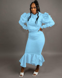 Solid Puff Sleeve Ruffled Irregular Skirt Two Piece Sets SFY-183