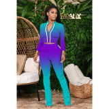 Gradient Zipper Long Sleeve Two Piece Pants Set XMY-9267
