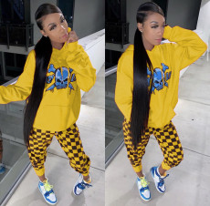 Skull Print Hoodies+Plaid Pants Two Piece Sets AIL-135