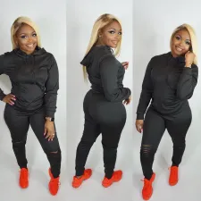 Plus Size Fashion Casual Solid Color Ripped Hole Sports Two Piece Set FNN-8543