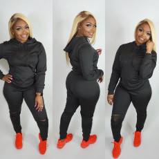 Plus Size Fashion Casual Solid Color Ripped Hole Sports Two Piece Set FNN-8543