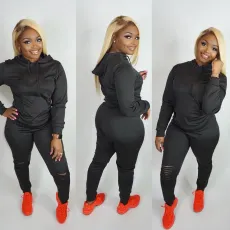 Plus Size Fashion Casual Solid Color Ripped Hole Sports Two Piece Set FNN-8543