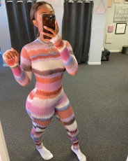 Sexy Striped Rib Long Sleeve Bodycon Jumpsuit WSM-5205