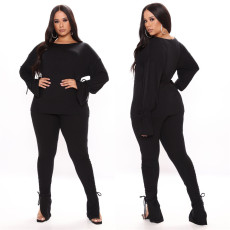 Solid Long Sleeve Lace Up Two Piece Pants Set LSL-6394