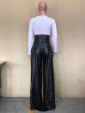 Plus Size PU Leather High Waist Belted Wide Leg Pants OD-8392