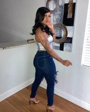 Sexy Denim Lace Up Hollow Skinny Jeans Pants LA-3228