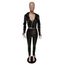 Sexy PU Leather Lace Up Long Sleeve 2 Piece Sets MEM-8308