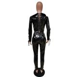 Sexy PU Leather Lace Up Long Sleeve 2 Piece Sets MEM-8308