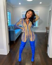 Sexy Striped Zipper Long Sleeve Skinny Rompers CHY-1279